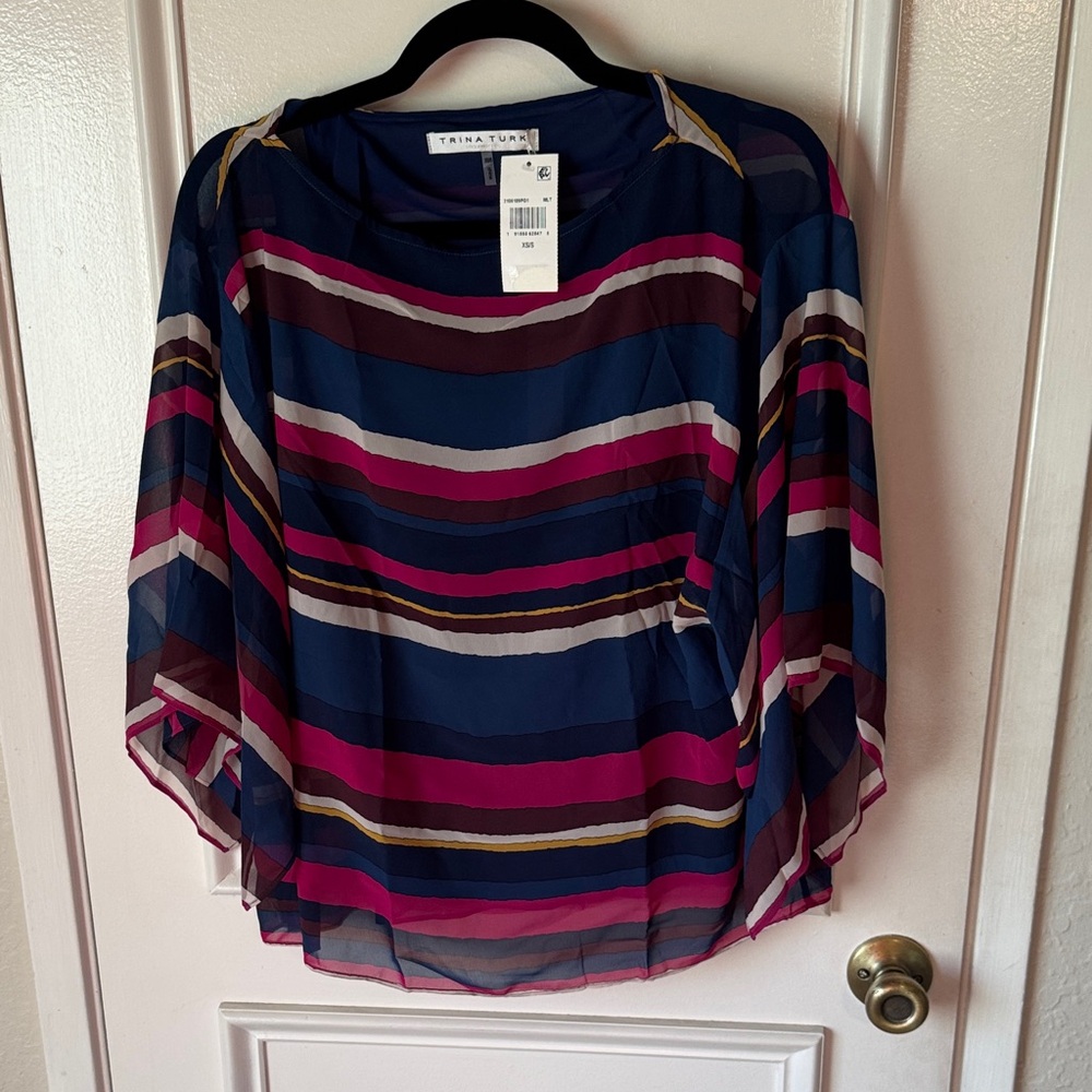 Trina Turk Women's Navy and Pink Striped Dolman sleeve top - Picture 3 of 4